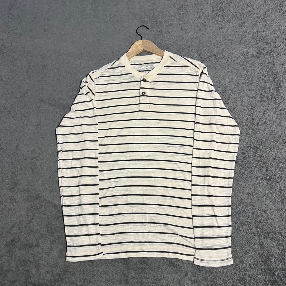 Vintage Red Camel Mens Medium Striped Long Sleeve Henley Shirt Slub Knit Grunge
